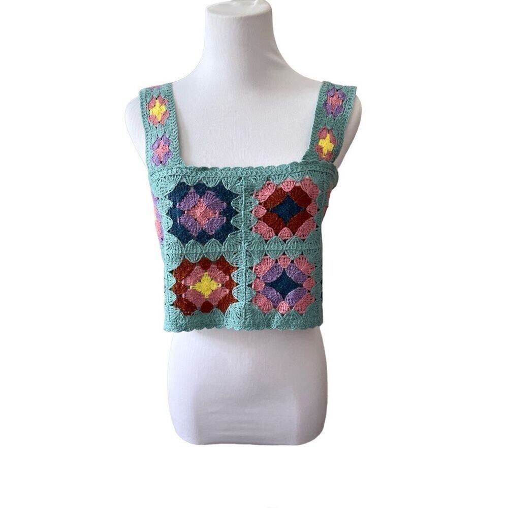 Witty Fox Bohemian Grannycore Crocheted‎ Crop Tank Top Green MEDIUM NWT